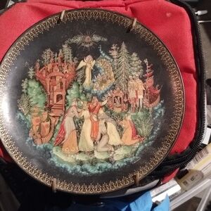Intricate Black and Red Glass Art Plate with Mythical Scene
